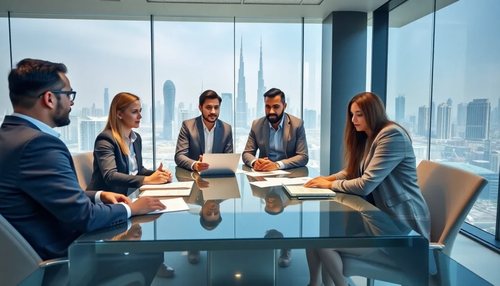 Collaborative scene of Business Consultants in Dubai discussing strategies in a modern office