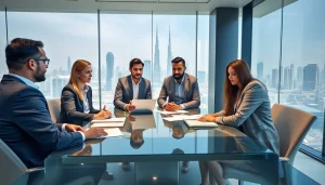 Collaborative scene of Business Consultants in Dubai discussing strategies in a modern office