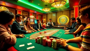 Engaging players around a casino table at trang chủ s8, showcasing colorful poker chips and cards.