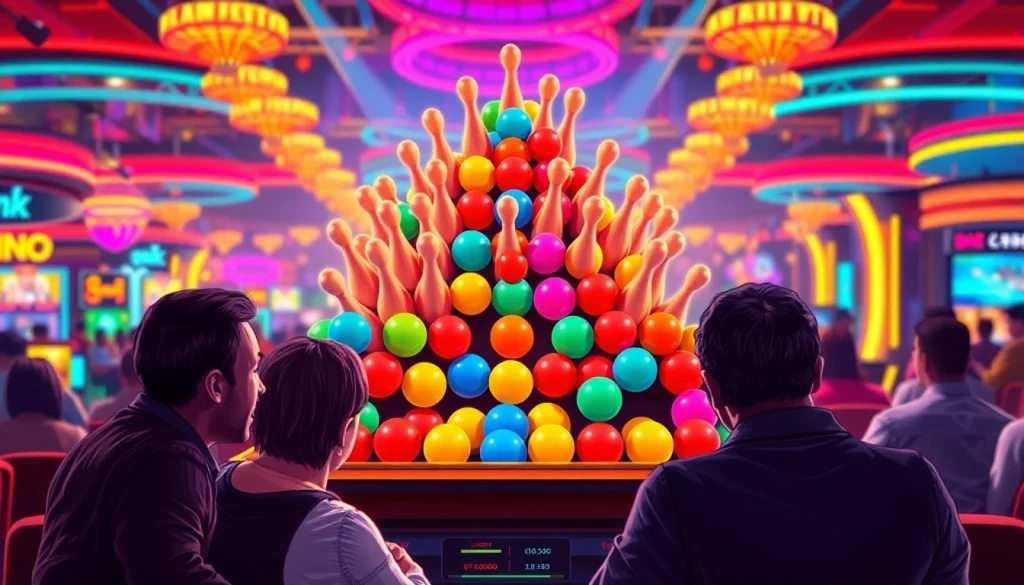 Permainan plink slot yang menarik dengan suasana kasino yang cerah dan penuh energi.