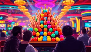 Permainan plink slot yang menarik dengan suasana kasino yang cerah dan penuh energi.