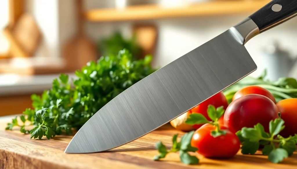 How to choose a chef’s knife shown with a close-up view of the knife's blade alongside fresh ingredients.