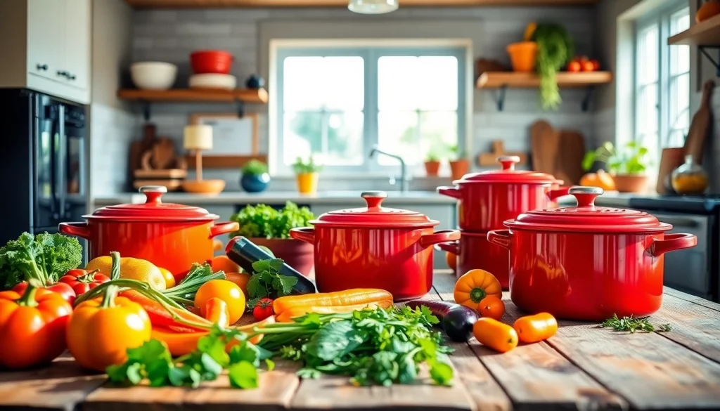 Discover where to buy Le Creuset in NZ with beautifully arranged cookware and fresh produce.