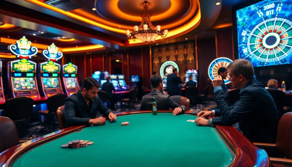 Players engage in a tense poker game at https://journal.unj.ac.id/, surrounded by vibrant casino elements.