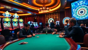 Players engage in a tense poker game at https://journal.unj.ac.id/, surrounded by vibrant casino elements.