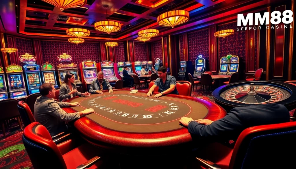 Players enjoying poker at MM88 casino, highlighting excitement and luxury in gameplay.