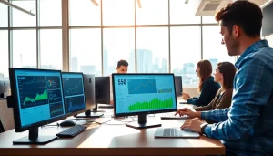 Engaged professionals analyzing edmonton seo strategies in a bright office.