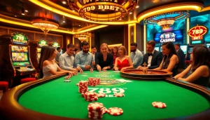 Engaged players enjoy a thrilling game at the 789 BET casino table surrounded by vibrant slot machines.