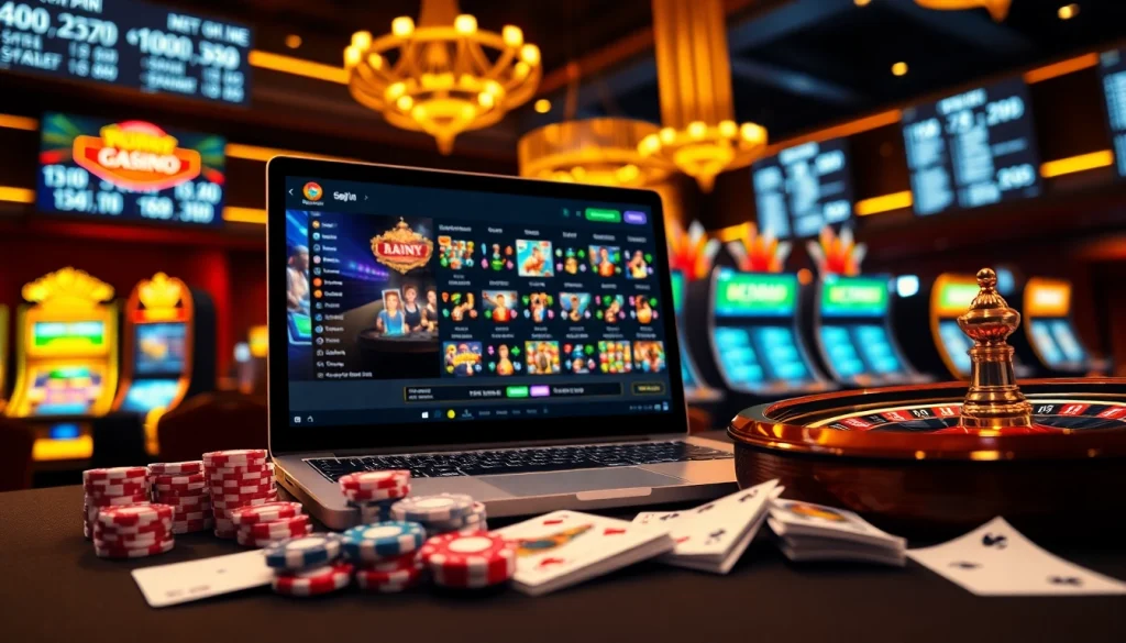 Engage in thrilling online gambling with vibrant visuals from https://thabetc.net/ featuring poker chips and digital betting.
