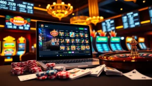 Engage in thrilling online gambling with vibrant visuals from https://thabetc.net/ featuring poker chips and digital betting.