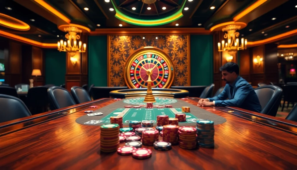 Experience the excitement of NEW88 as players engage in a thrilling poker game in a luxurious casino setting.