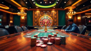 Experience the excitement of NEW88 as players engage in a thrilling poker game in a luxurious casino setting.