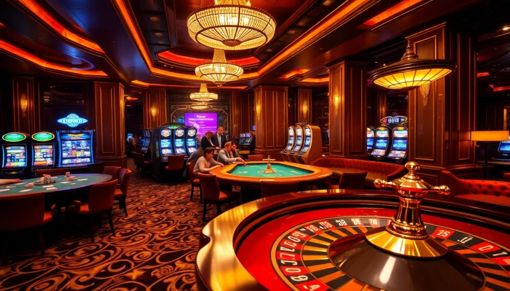 A lively casino scene at https://thabets.it.com/ showcasing roulette and poker games filled with excitement and luxury.