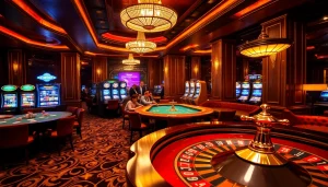 A lively casino scene at https://thabets.it.com/ showcasing roulette and poker games filled with excitement and luxury.