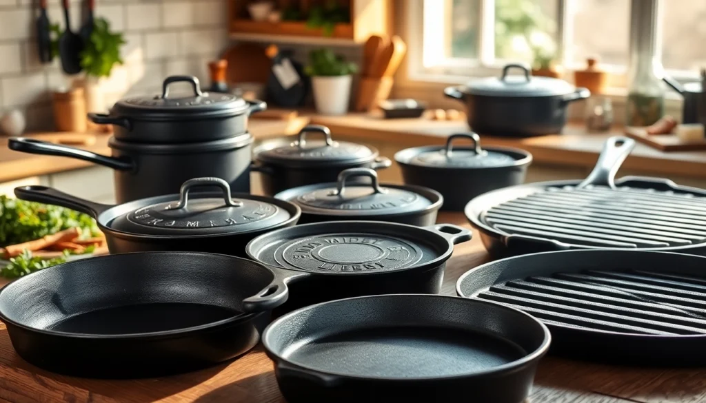 Showcase cast iron cookware NZ in a rustic kitchen, focusing on unique designs and texture.