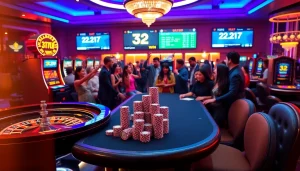 Exciting casino activity at 32 win.com featuring roulette, slot machines, and poker chips.