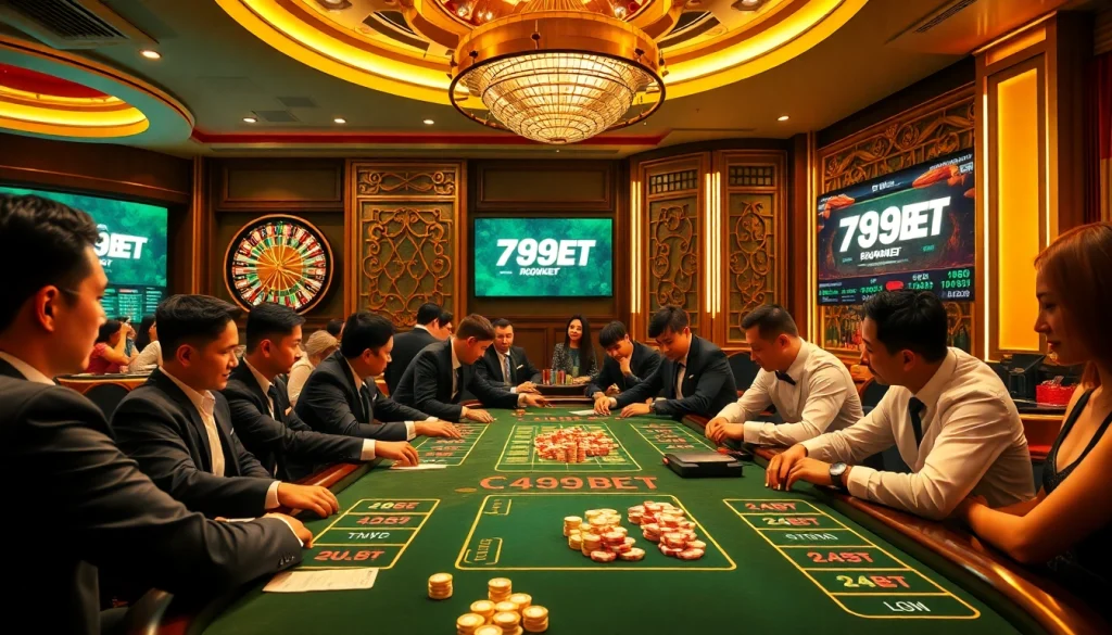 Players enjoy thrilling card games at a luxurious casino featuring 789BET for an exhilarating gambling experience.