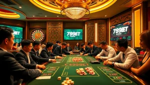 Players enjoy thrilling card games at a luxurious casino featuring 789BET for an exhilarating gambling experience.
