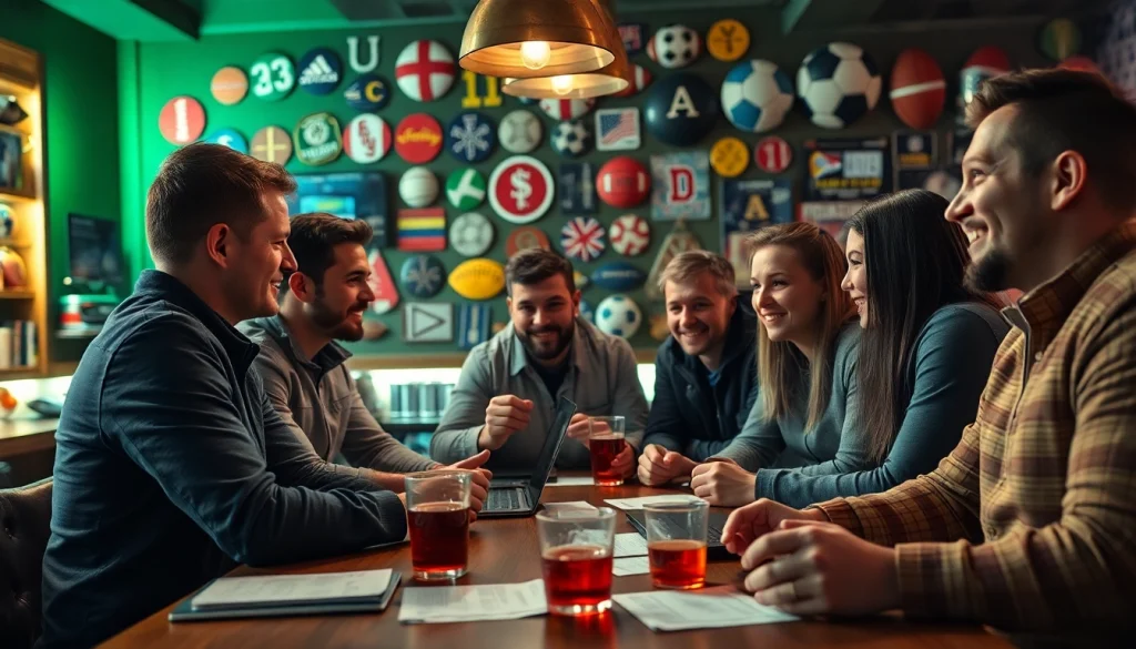 Engaging scenario with sports fans discussing sportsbooks in Oklahoma at a vibrant sports bar.