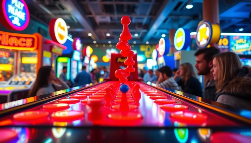 Menikmati demo plinko dengan bola yang jatuh melalui paku berwarna-warni di latar arcade yang riuh.