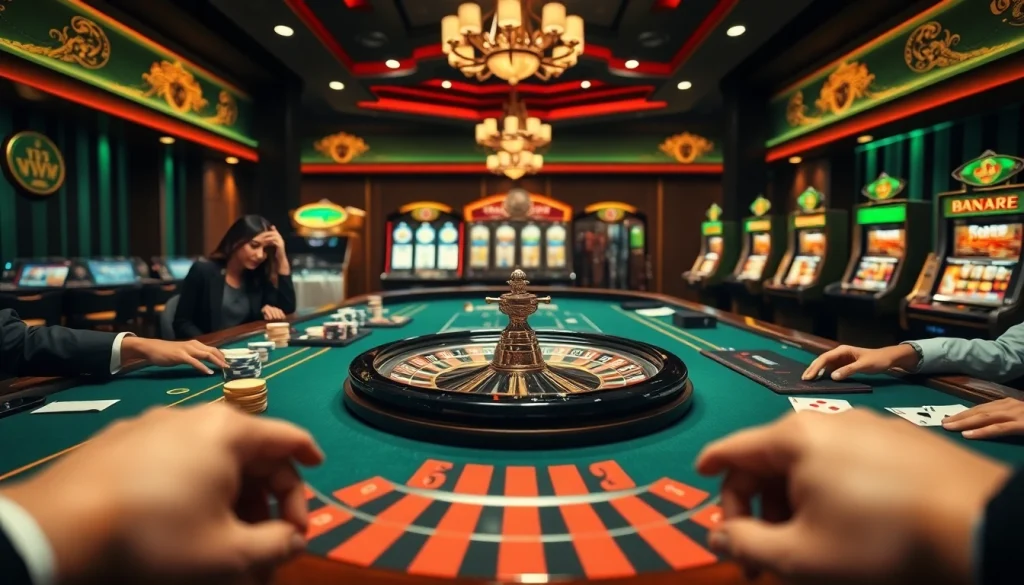 Gamblers enjoying the excitement of okwin liên minh at a luxurious casino table.