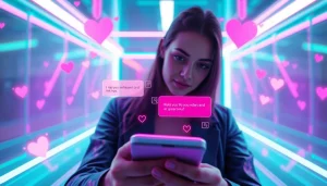 Sexting AI interaction in a vibrant digital environment, showcasing a user and a chatbot