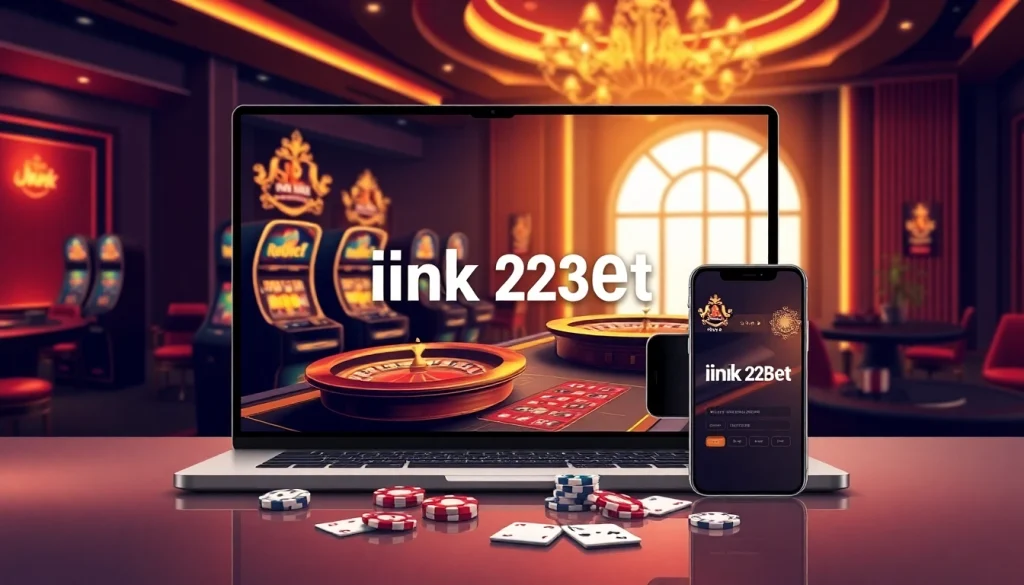 A vibrant online gambling scene with slot machines and poker tables highlighting ink vao 12bet for an exciting user experience.