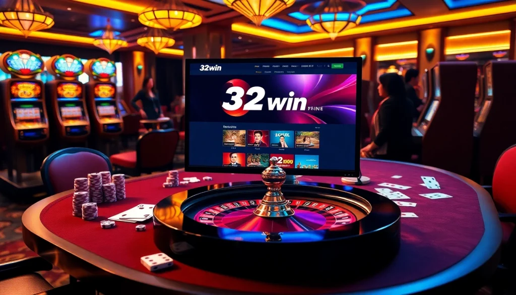 Visualizing the thrill of online gambling with 32win đăng nhập on a stylish interface and casino elements.