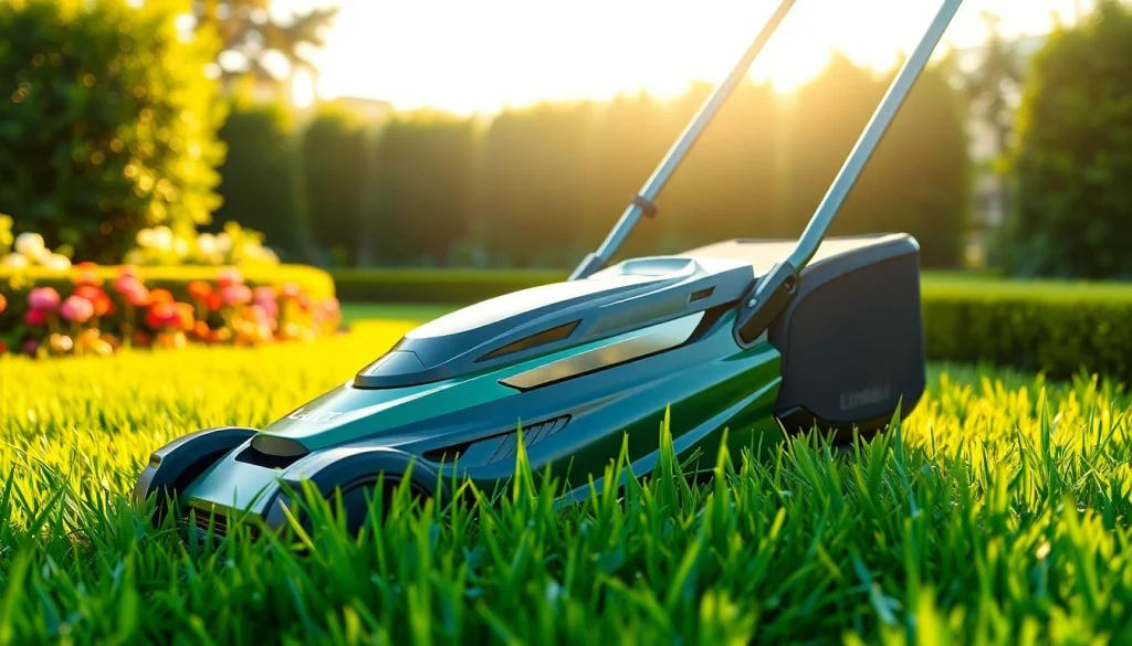 Electric lawn mower cordless in a beautifully landscaped garden with vibrant greenery.