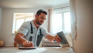 Drywall Repair process in a modern living room, showcasing a contractor applying compound expertly.