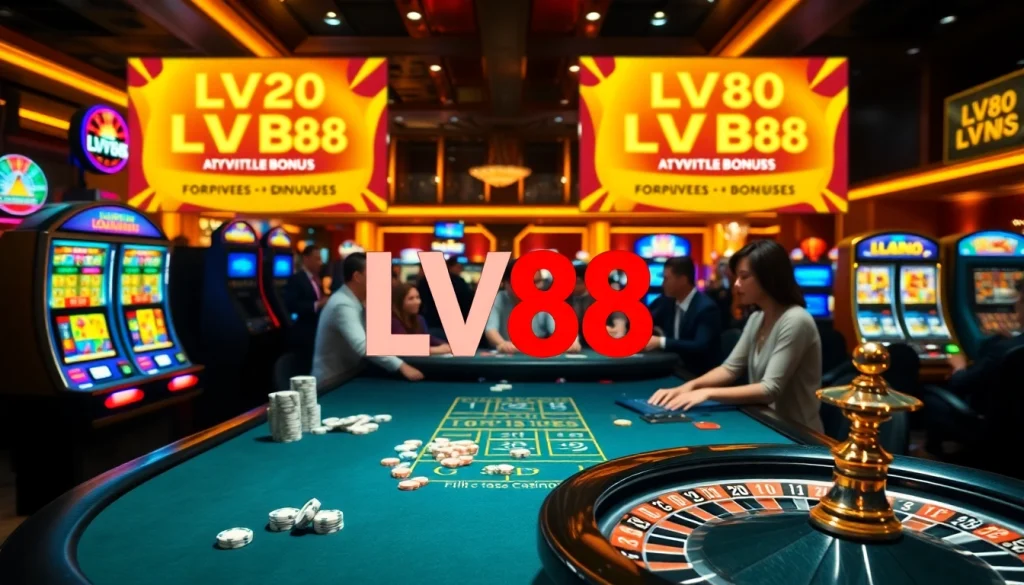 Engaged players enjoying poker at LV88 casino with vibrant table and slot machines.