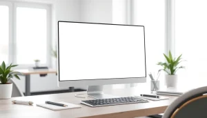 White background website displayed on a modern laptop in a serene home office setting.