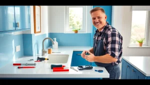Expert plumber near Riverside, CA fixing a sink in a modern kitchen.