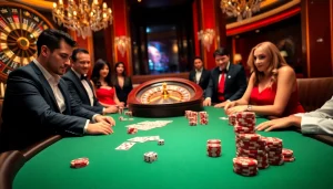 GO88 players enjoying an exciting casino atmosphere with poker chips and roulette wheel.