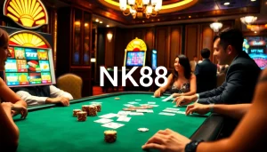 Engaging players at the NK88 poker table with vibrant chips and high stakes.