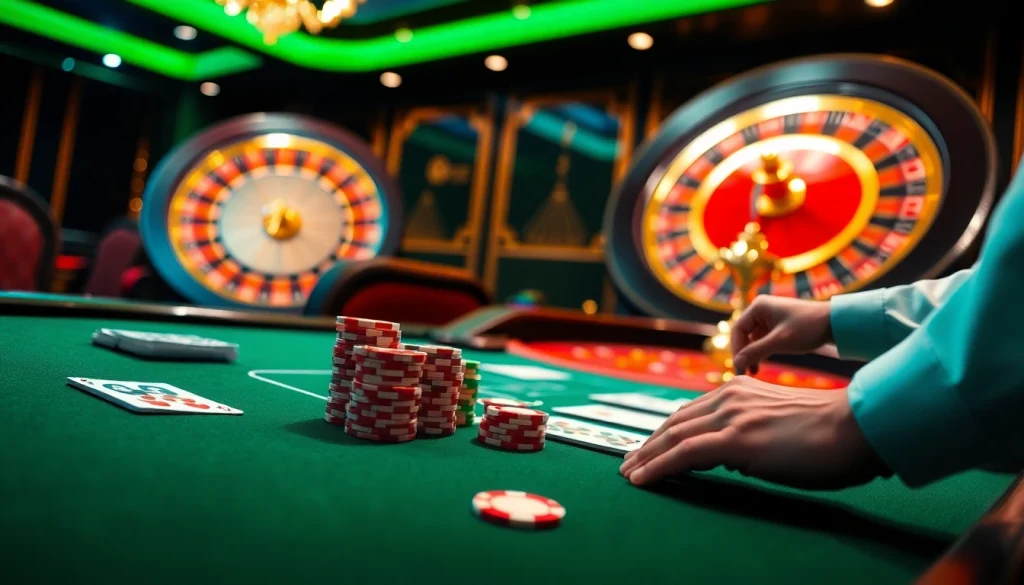 Engaging scene of players at GO88 poker table with vibrant cards and betting chips.