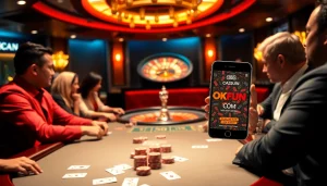 Players enjoying poker at a casino table while showcasing OKFUN.COM's online gaming features.