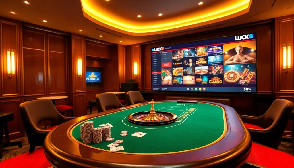 Trải nghiệm cảm giác hồi hộp của LUCK8 với bàn poker cao cấp, chip và giao diện chơi game trực tuyến sống động.