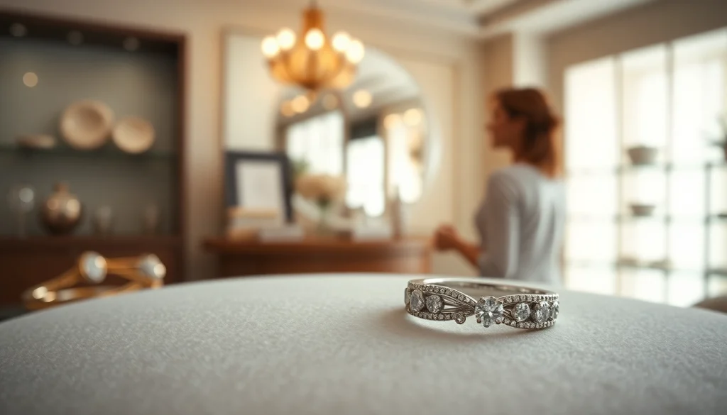 ジュエリースタジオに展示されたエレガントな結婚指輪。プラチナとダイヤモンドのクラフトマンシップを強調しています。