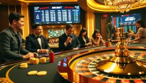 Betting action at a luxurious casino table showcasing sbobet odds and poker chips.