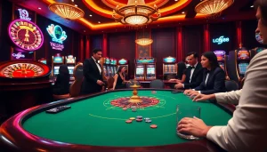 Excited gamblers place bets at an LC88 casino table, showcasing vibrant roulette wheels and poker chips.
