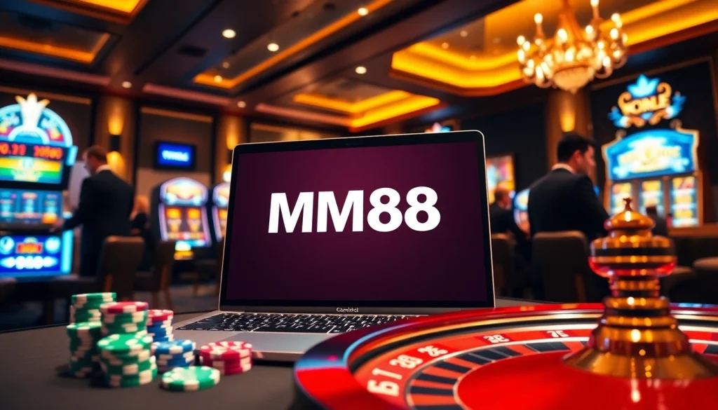 Engaging MM88 online gambling scene with poker chips and roulette on a laptop.