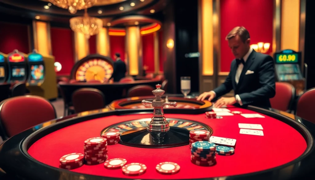 Engaging casino scene with GO99 gaming table, poker chips, and roulette wheel.