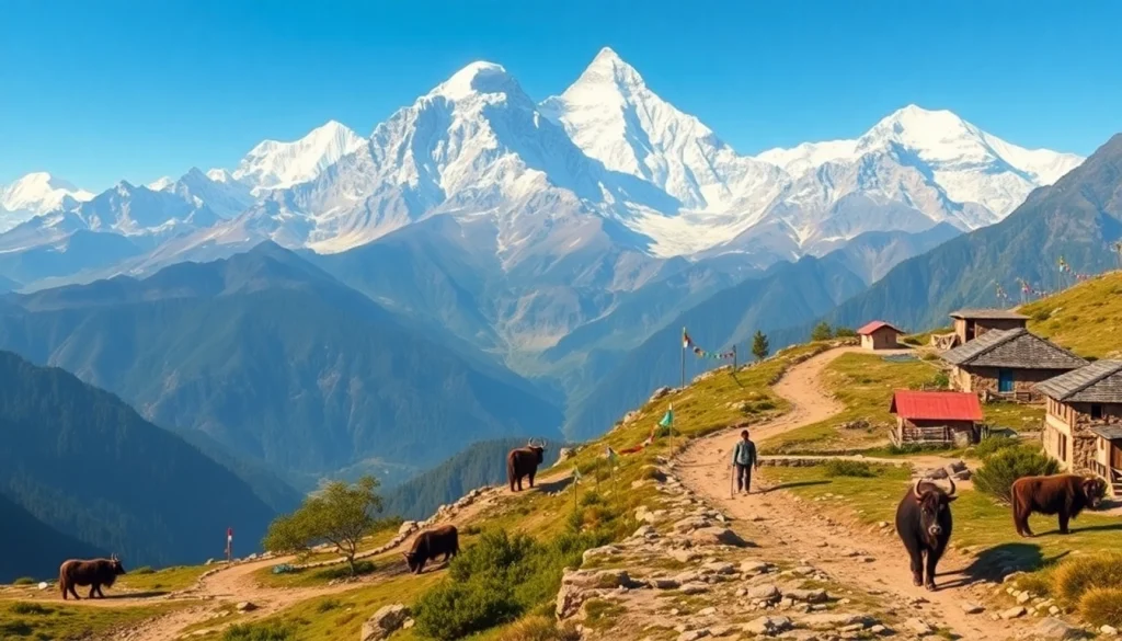 Manaslu trekking scene with stunning mountain views and trekkers on a rugged trail