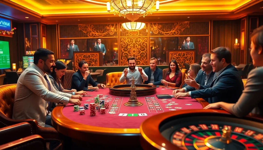 Players enjoying high-stakes poker at VMAX, showcasing vibrant chips and cards in an elegant casino atmosphere.