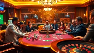 Players enjoying high-stakes poker at VMAX, showcasing vibrant chips and cards in an elegant casino atmosphere.