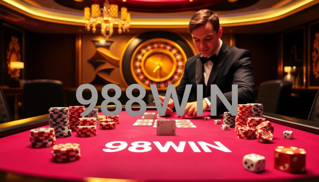 Experience the thrill of 98WIN at a glamorous poker table with high stakes action and excitement.