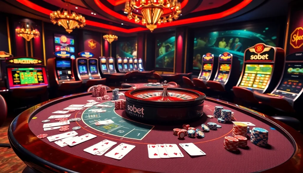 Experience thrilling sbobet action at a luxurious casino with vibrant tables and glowing slot machines.
