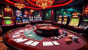 Experience thrilling sbobet action at a luxurious casino with vibrant tables and glowing slot machines.