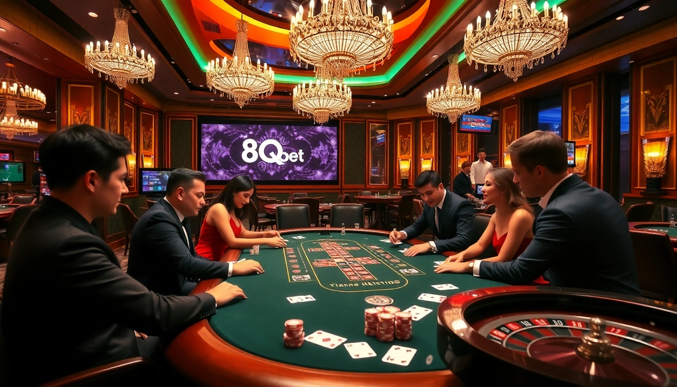 Engaged gamblers at a glamorous 8qbet poker table with vibrant decor and excitement.